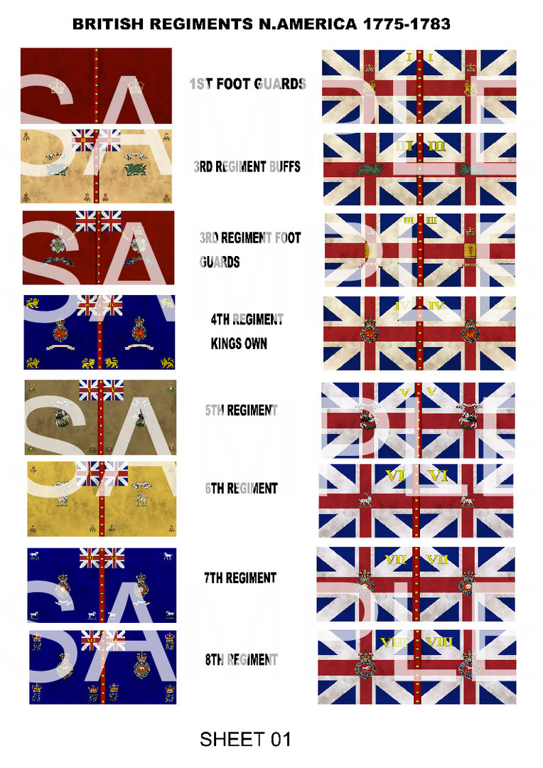 AWI FLAGS BRITISH REGIMENTS N.AMERICA 1775-1783 - 28mm Sheet 01